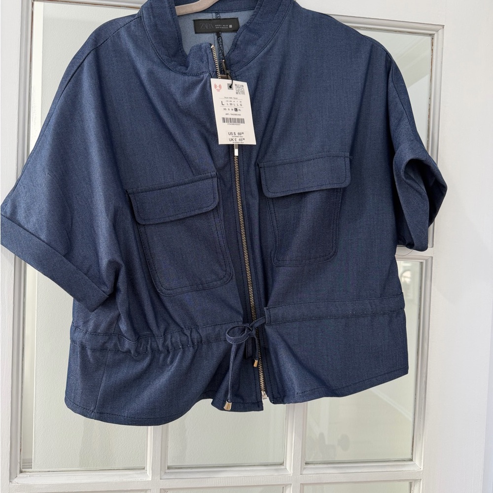 NWT Zara Dark Blue Short Sleeve Jacket/top with zipper and tie
